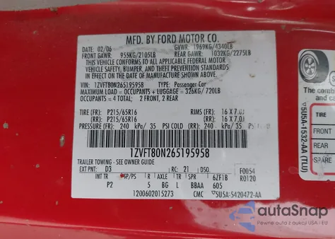 2006 Ford Mustang V6 z USA, uszkodzony, nr VIN 1ZVFT80N265195958